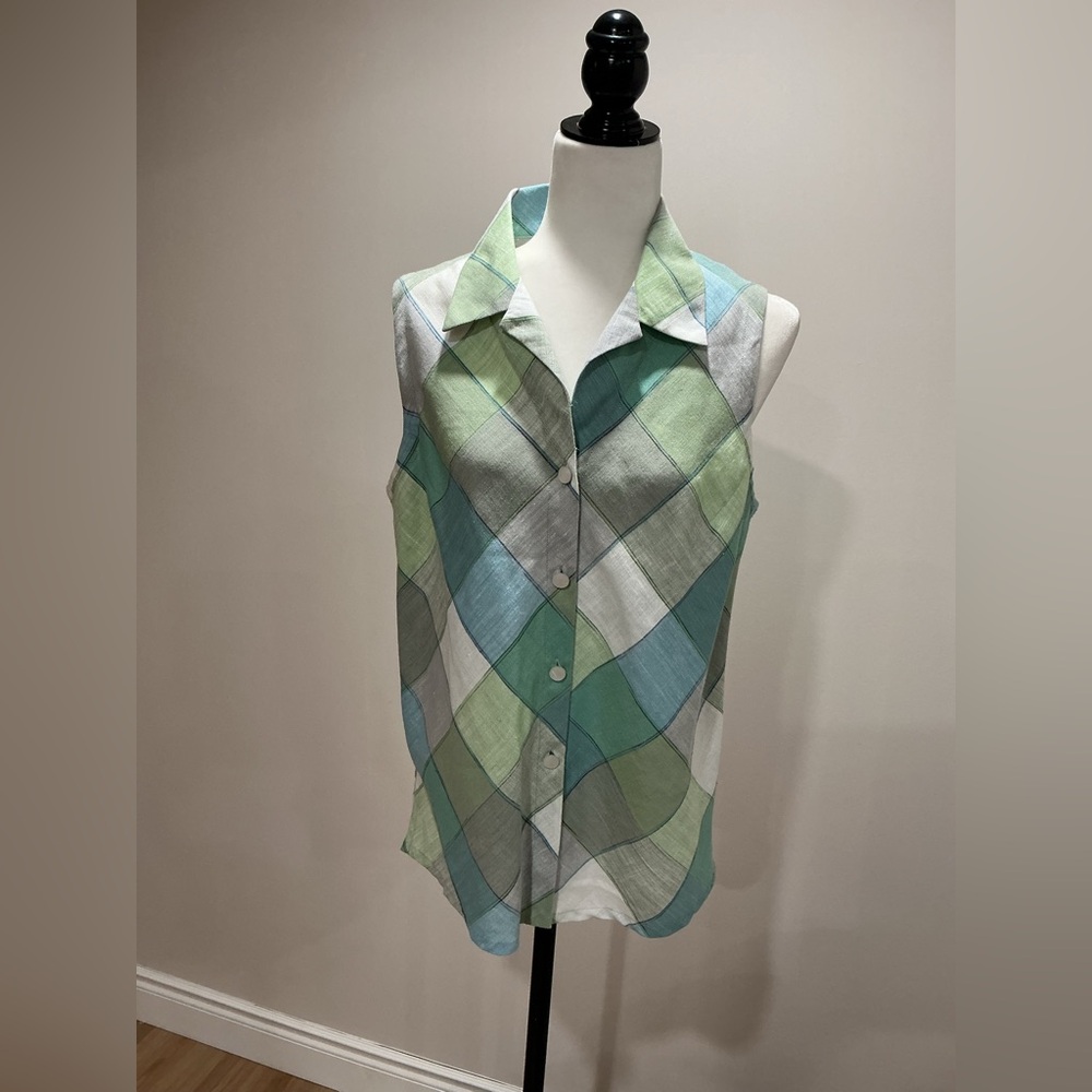 Linda Lundstrom Vintage linen plaid blouse size 10